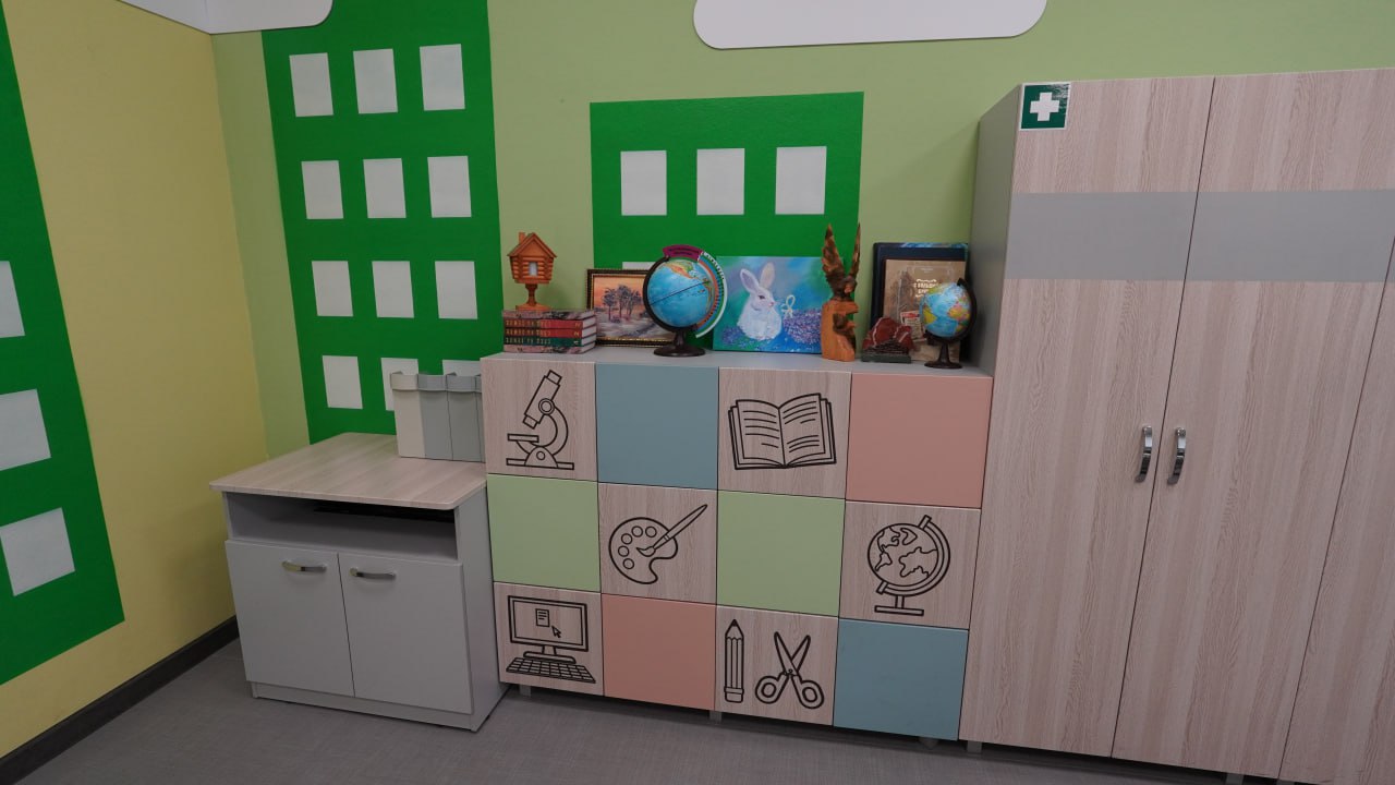 Начальная школа — цветные шкафчики, стена-город